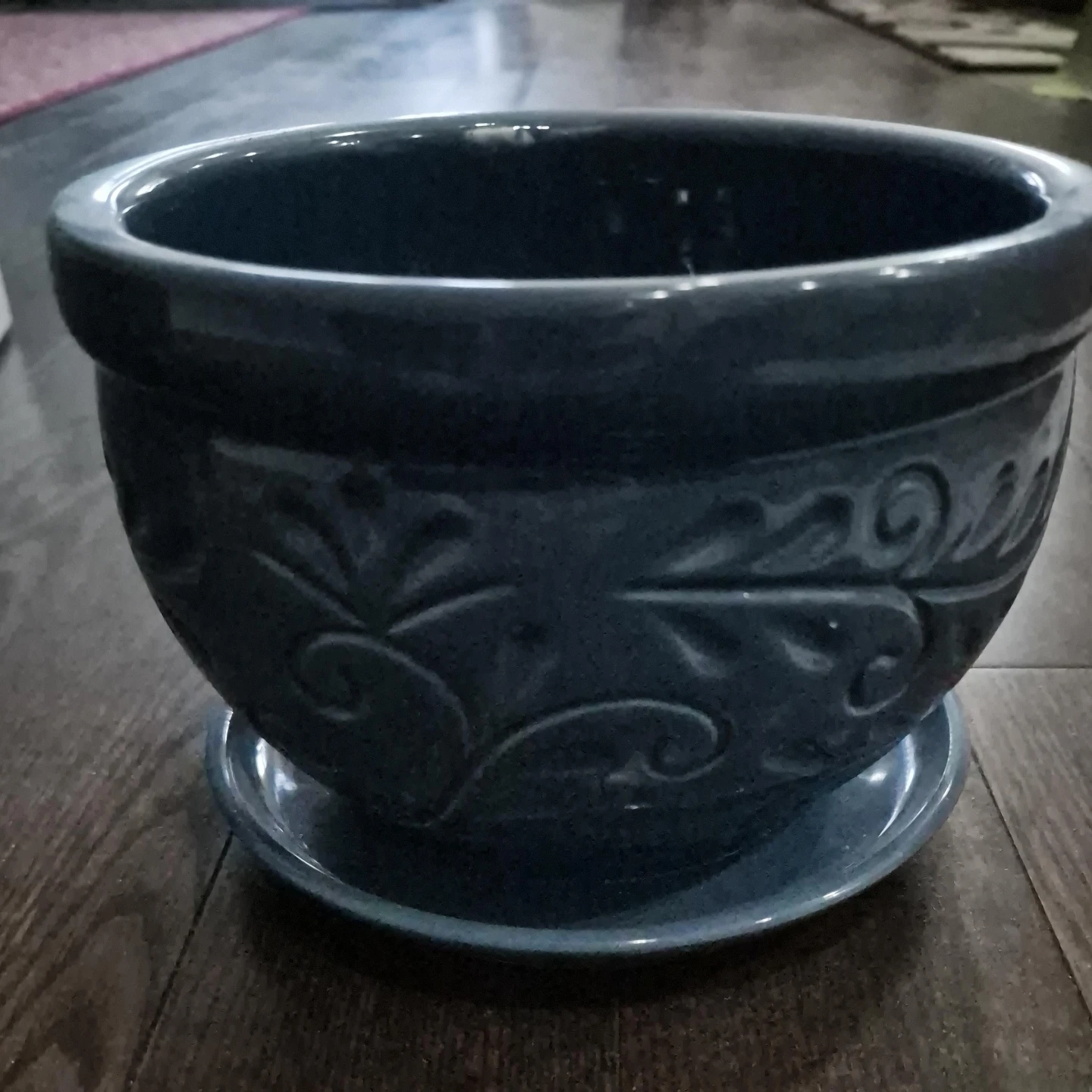 Dark Blue Ceramic Planter with Saucer