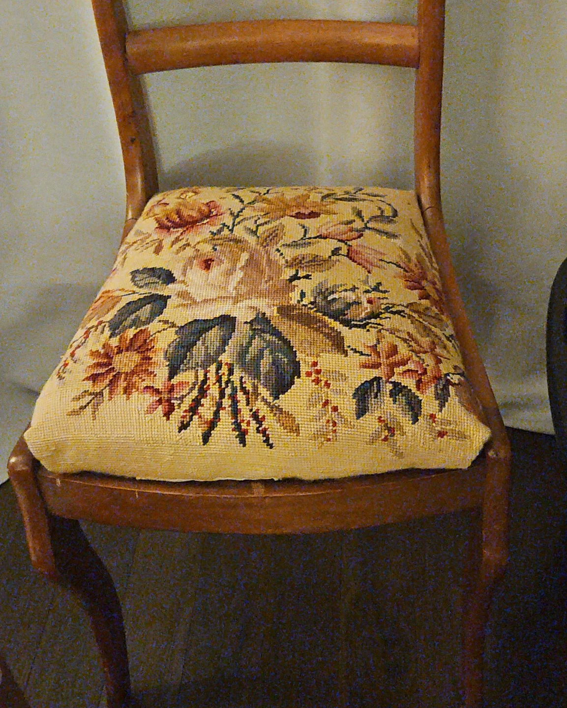 Vintage Wooden Chair with Floral Needlepoint Seat
