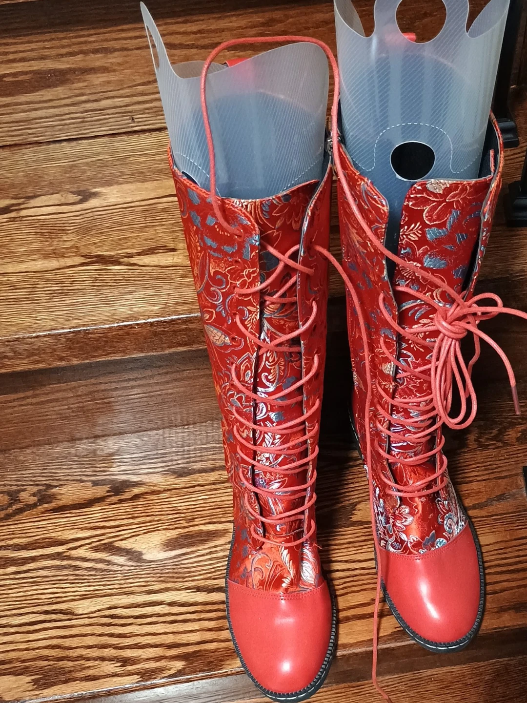 Red Floral Lace-Up Boots