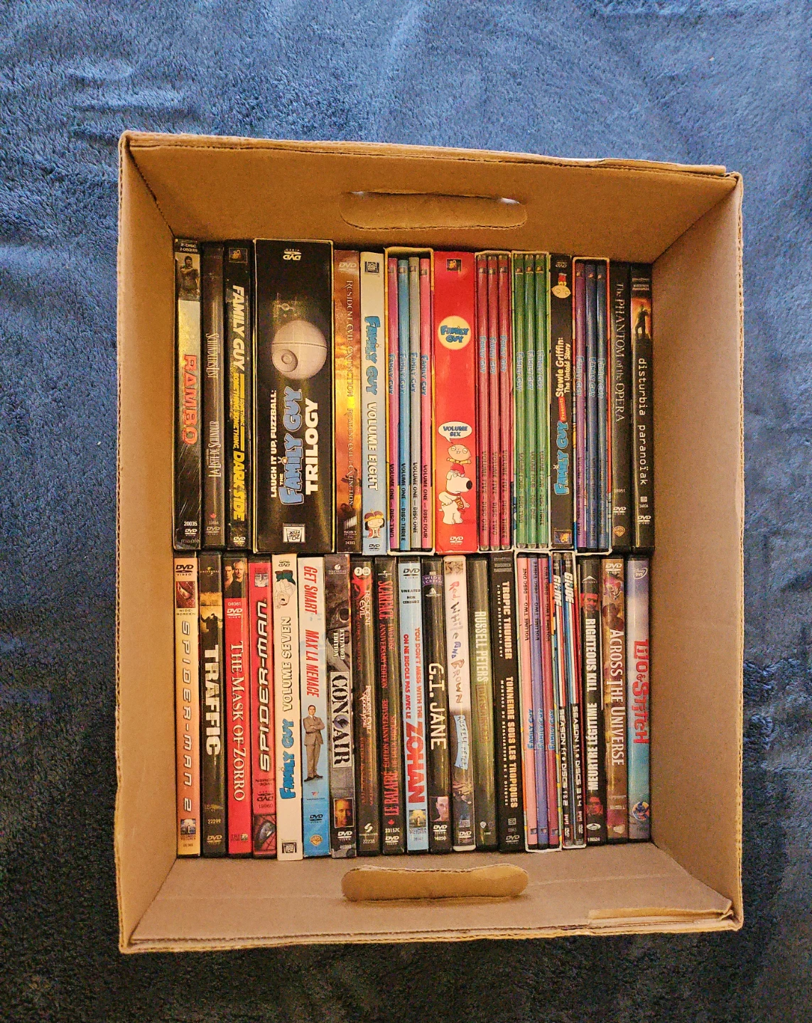 Box of DVDs - Family Guy, Spider-Man, and More!