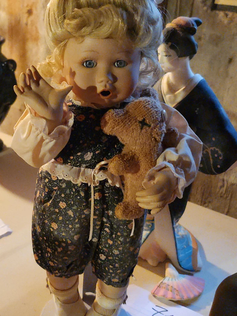 Vintage Porcelain Doll with Teddy Bear
