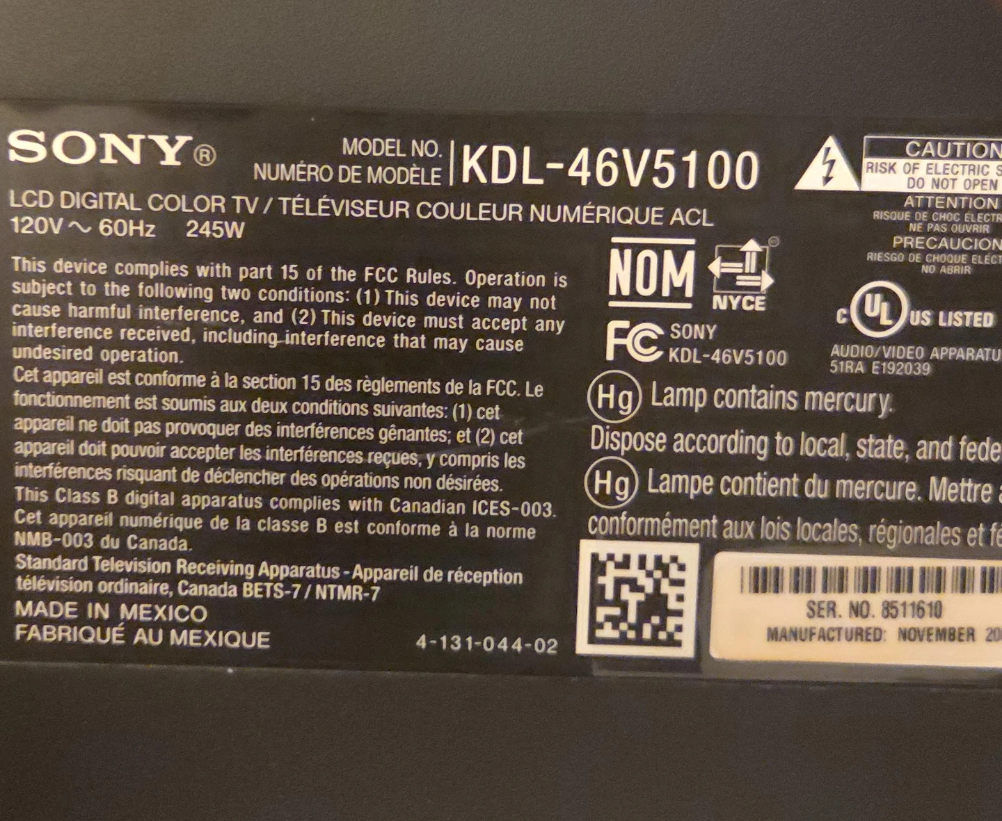 Sony KDL-46V5100 46" LCD Digital Colour TV