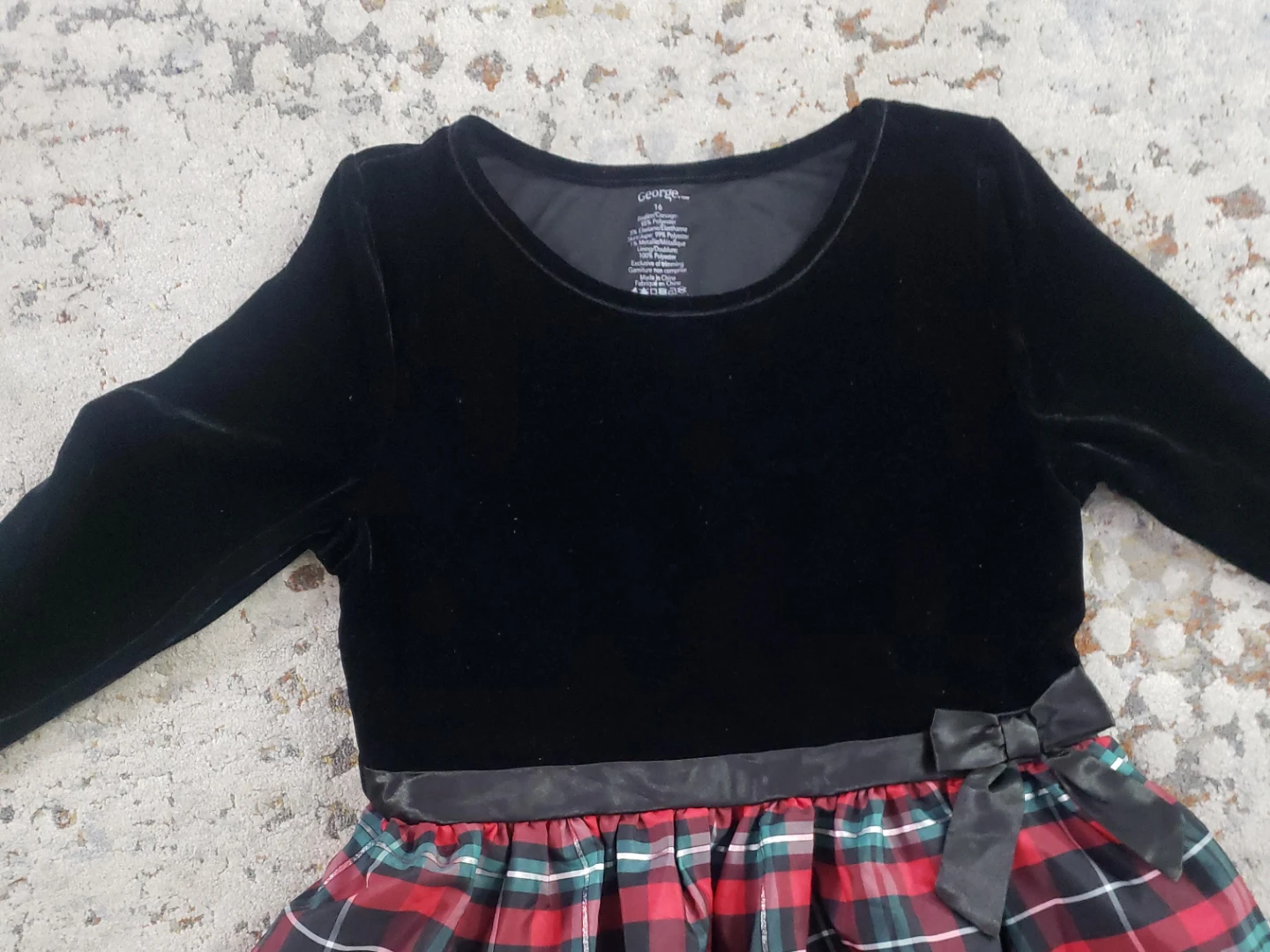 George Girls Black Velvet Plaid Dress - Size 14