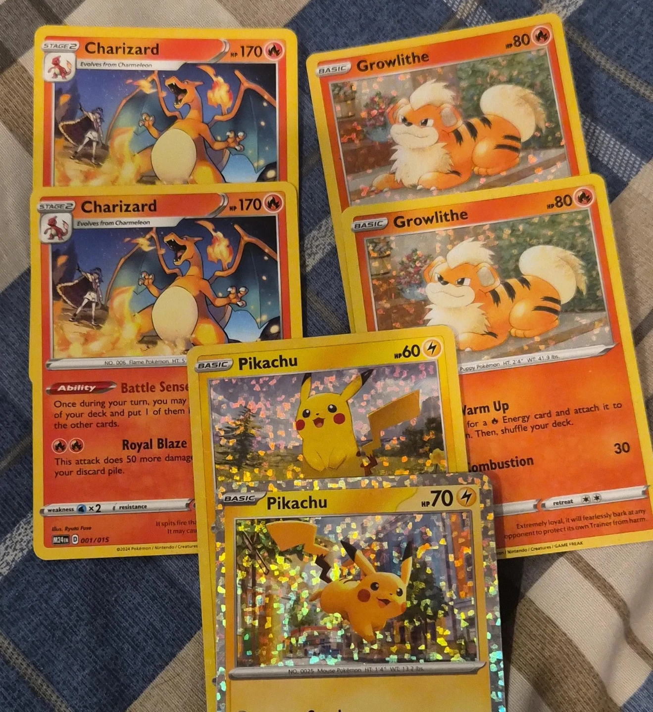 Pokemon Cards: Charizard, Growlithe, Pikachu