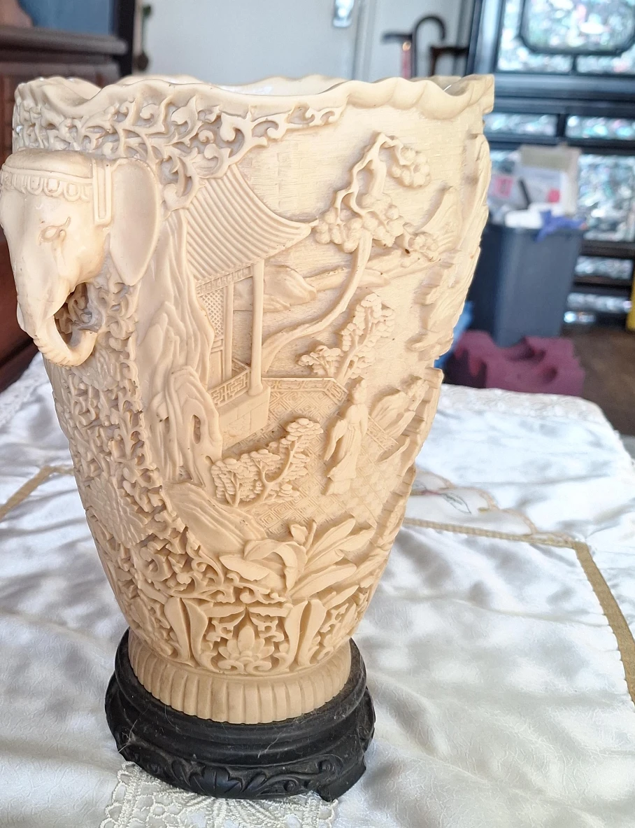 Vintage Carved Vase with Elephant Detail