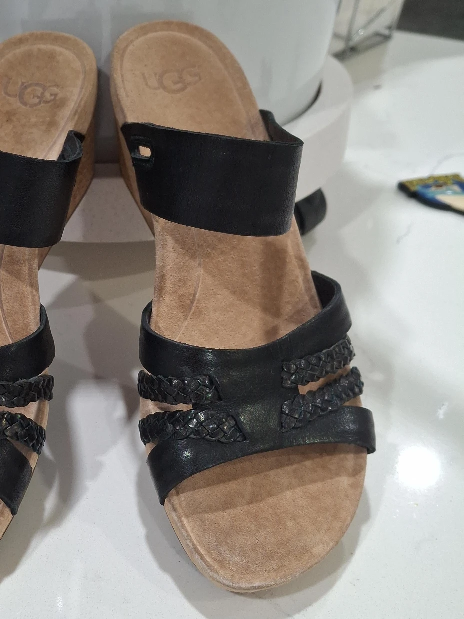 UGG Black Leather Wedge Sandals