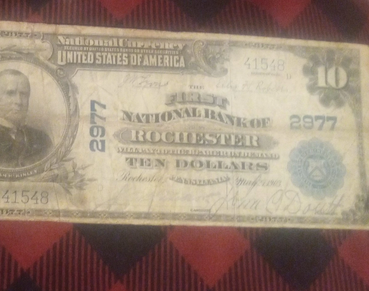 Vintage 1903 First National Bank of Rochester $10 Note image indicator(1)