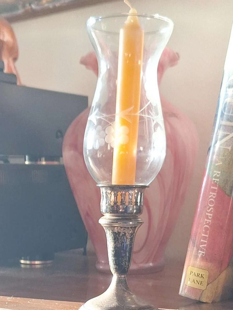 Vintage Glass Hurricane Candle Holder with Orange Candle