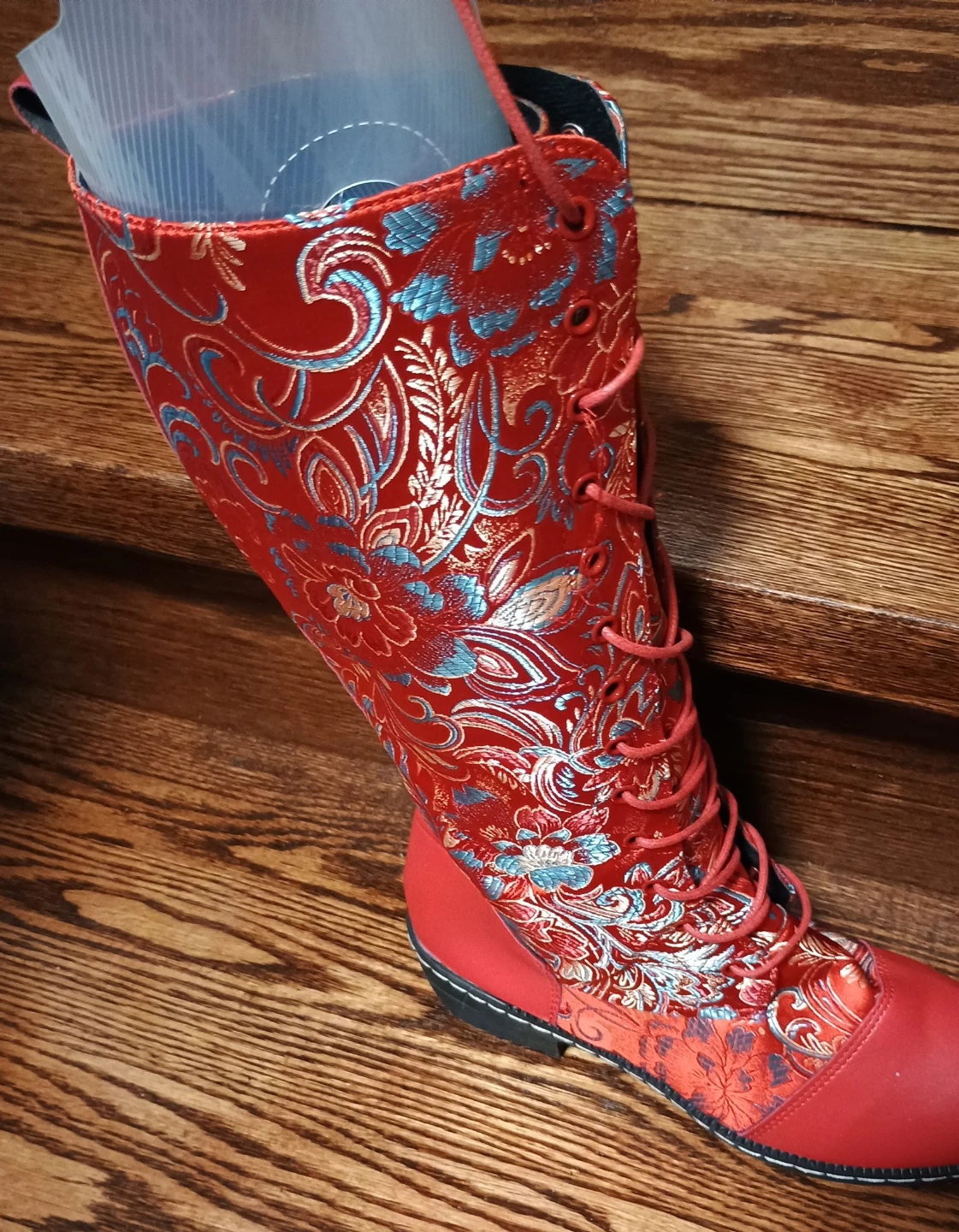 Red Floral Lace-Up Boots