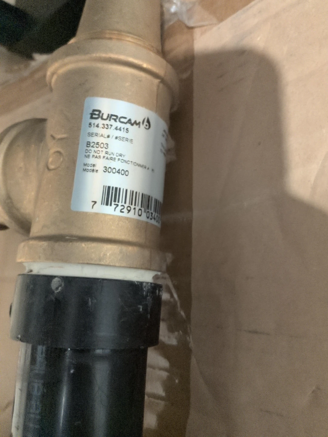 Burcam B2503 Model 300400 water powered sump pump backup