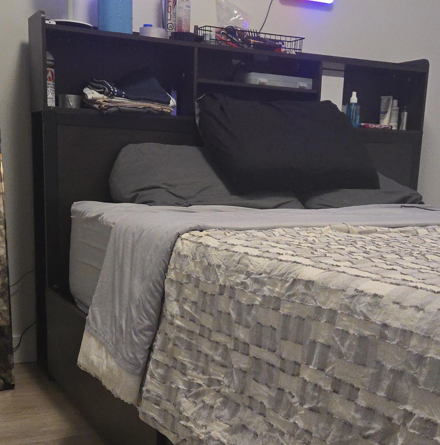 Queen Size Bed Frame with Headboard Shelf
