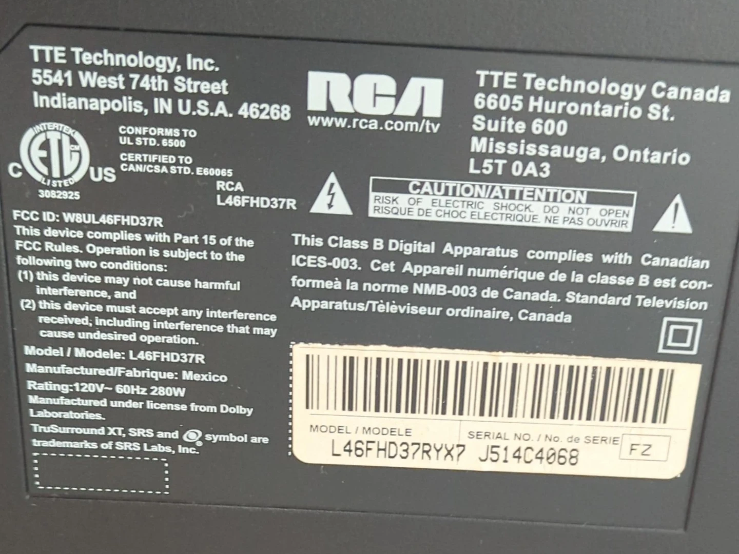 RCA 46" LCD TV - Model L46FHD37R