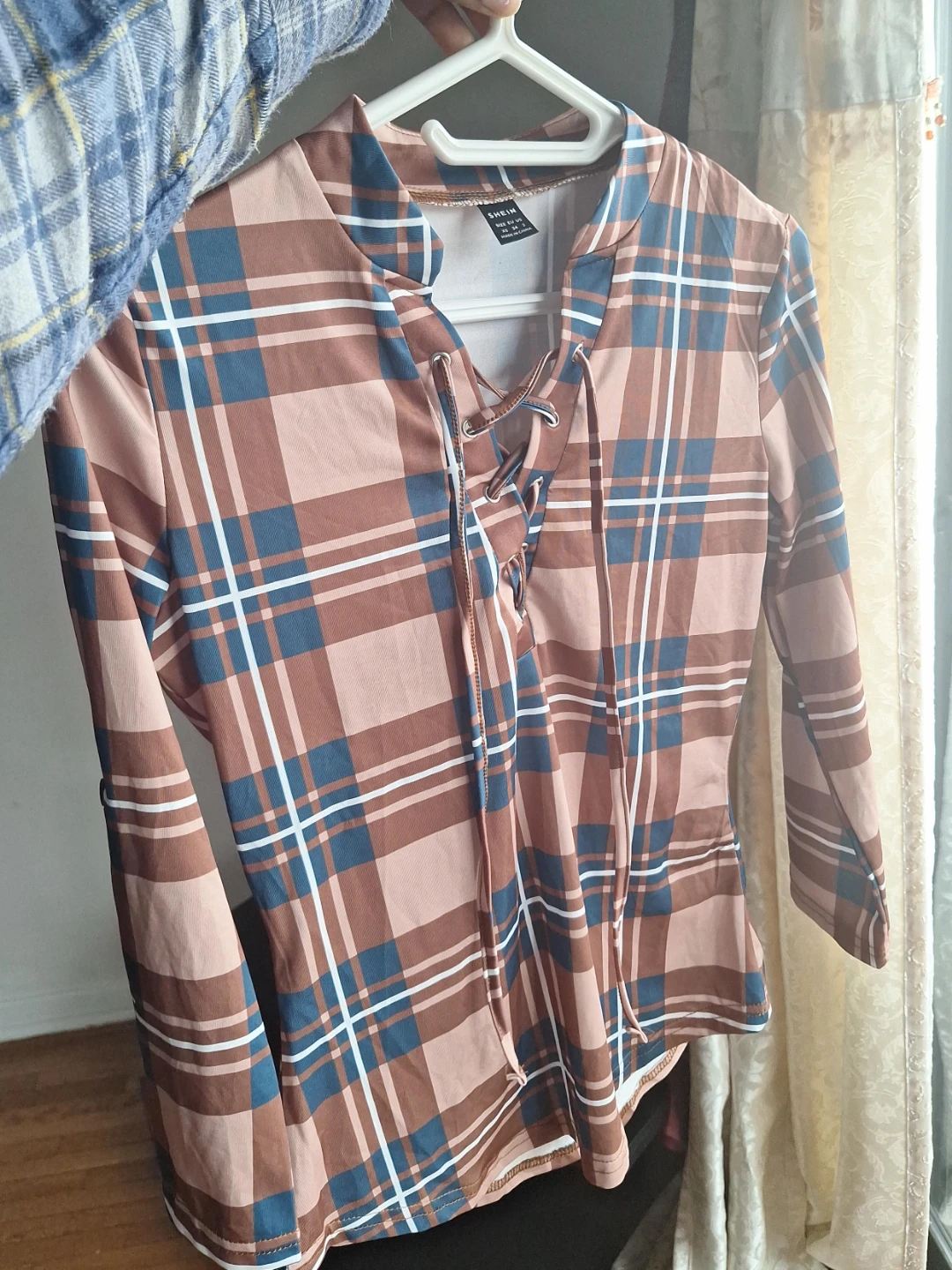 Plaid Lace-Up Blouse - Size S