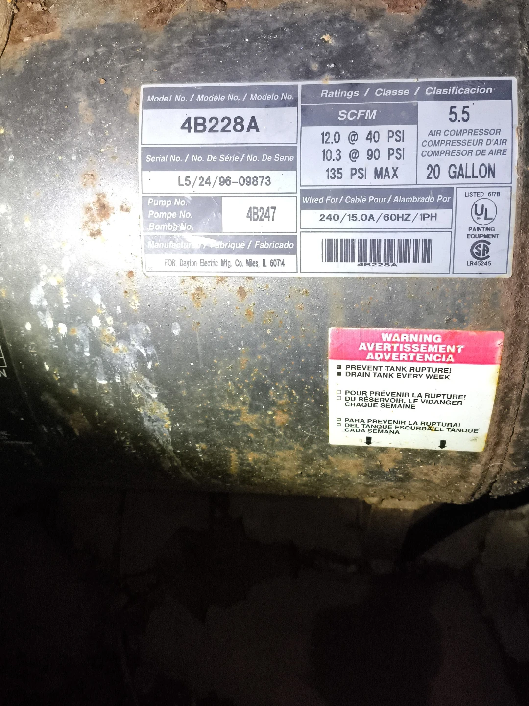 Dayton 4B228A Air Compressor, 20 Gallon