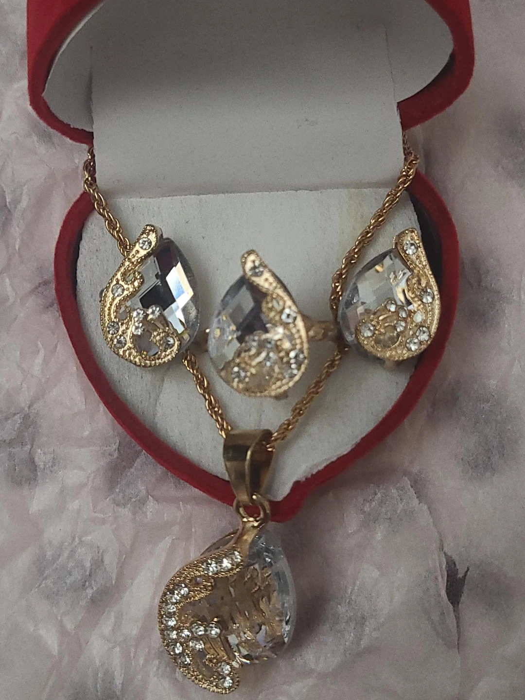Gold Tone Necklace, Ring & Earrings Set