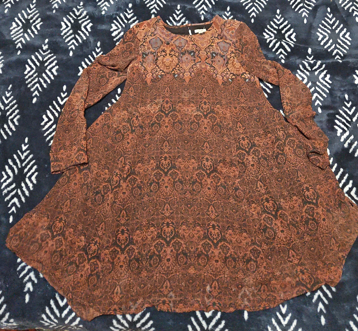 Brown Patterned Long Sleeve Dress “#gifting"