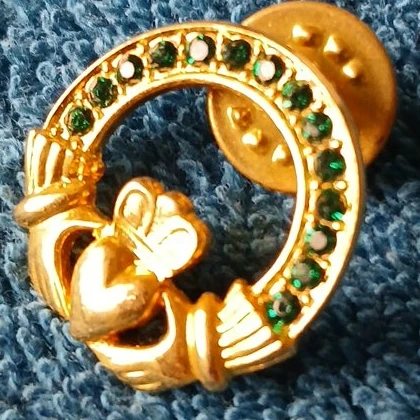 Claddagh Pin - Gold Tone with Green Stones
