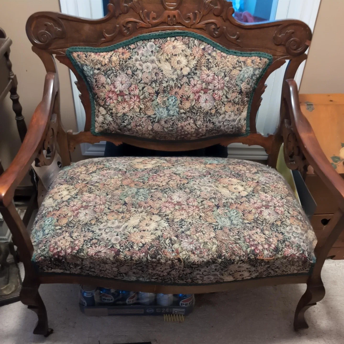 Antique Floral Upholstered Armchair and Loveseat