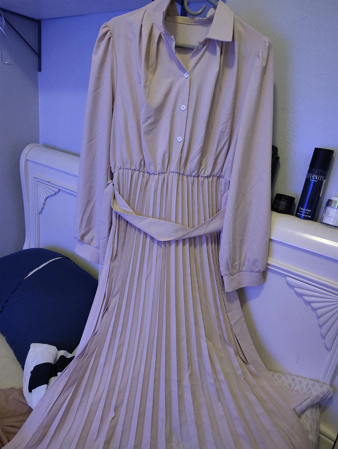 Pleated Long Sleeve Dress - Beige