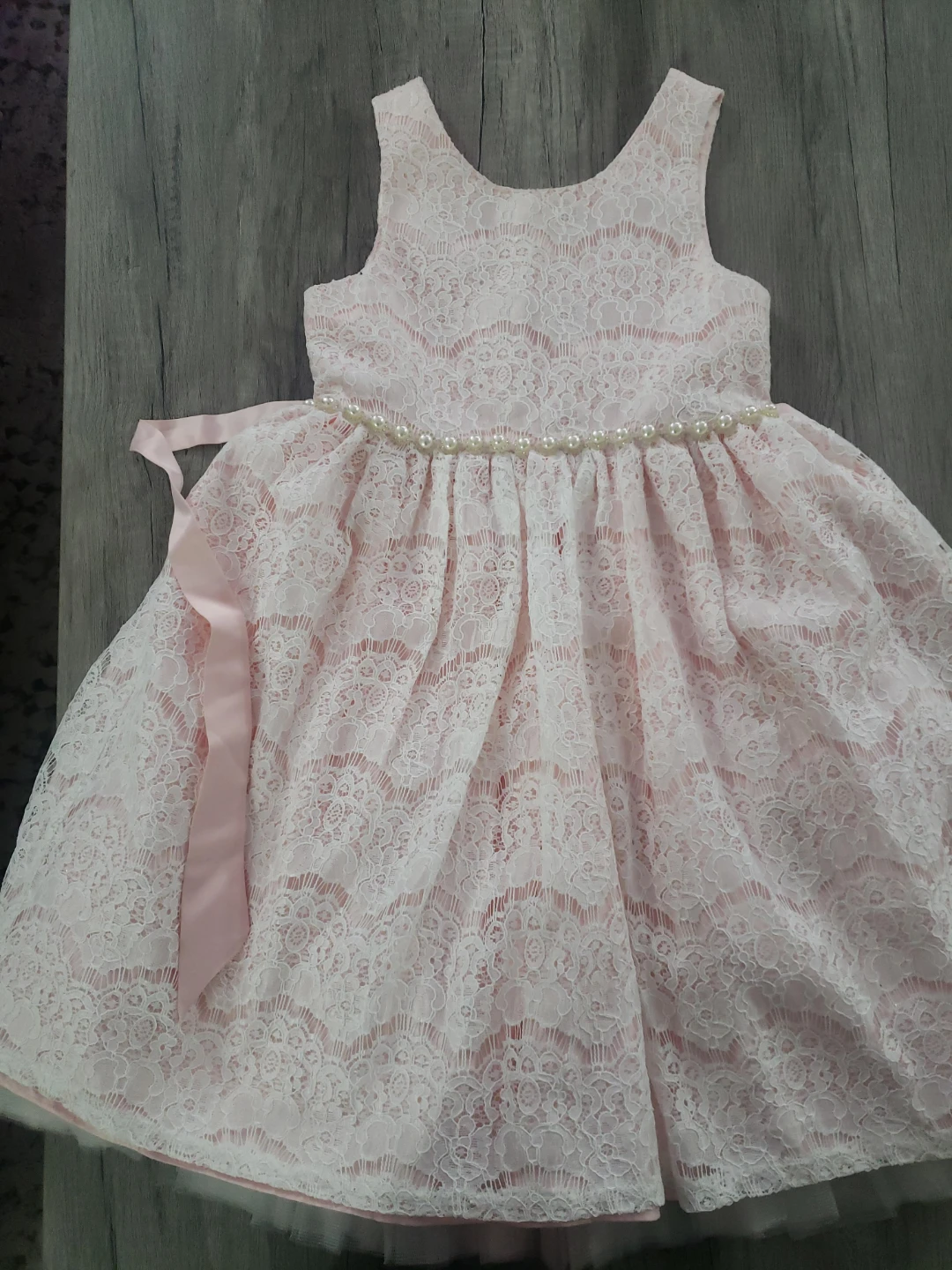 Pink Lace Dress with Pearl Detail
