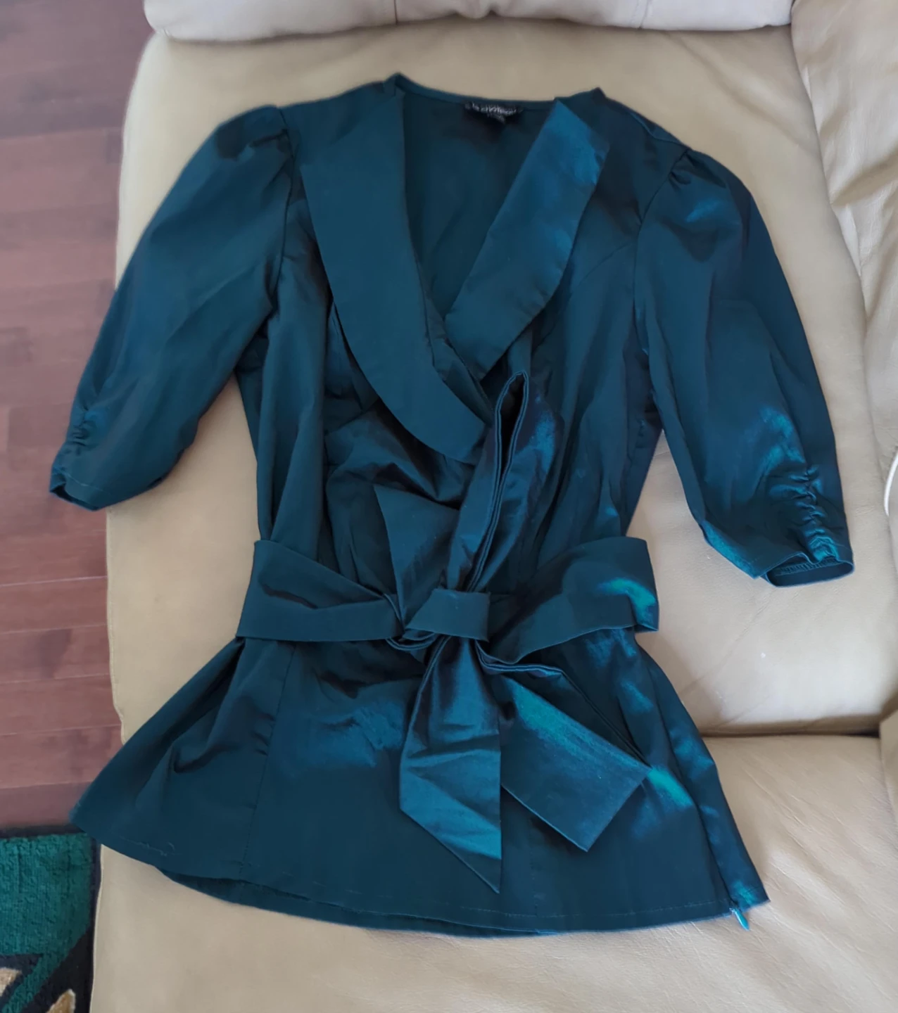 Teal Satin Wrap Top with Bow