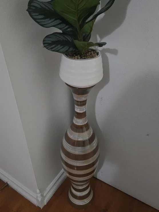 Striped Decorative Vase with Plant