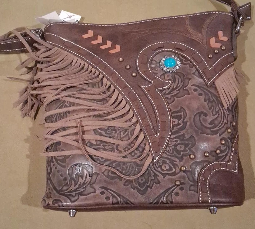 American West Brown Leather Fringe Purse