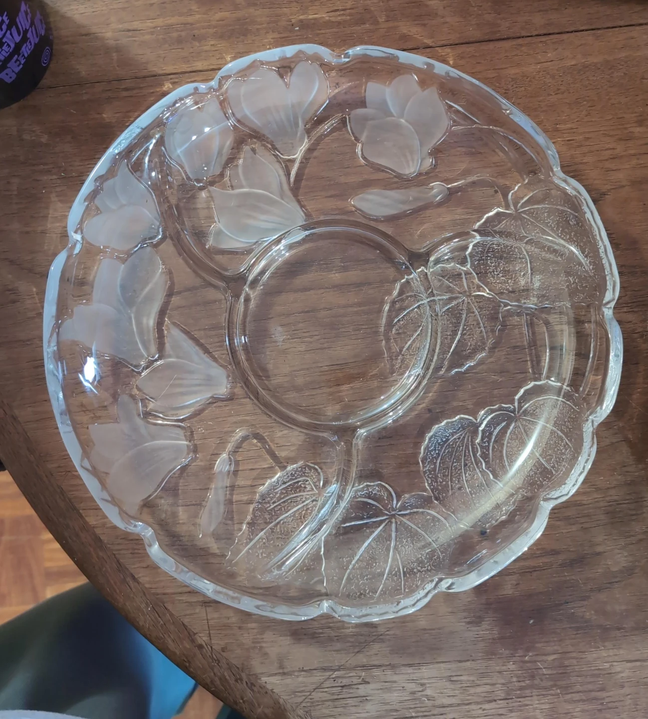 Floral Etched Glass Serving Platter with matching dip bowl