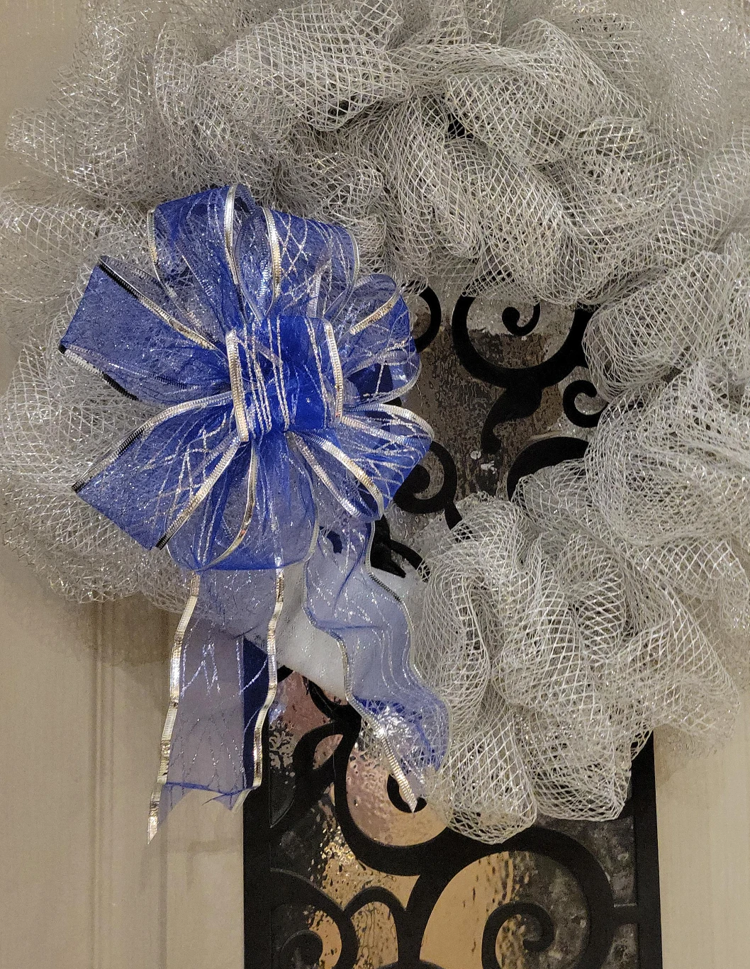 Handmade Silver Mesh Wreath with Blue Bow