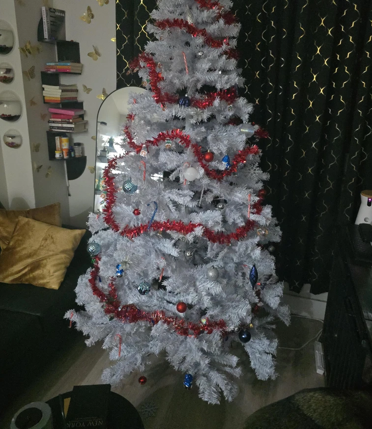 White Artificial Christmas Tree with Ornaments and Garland