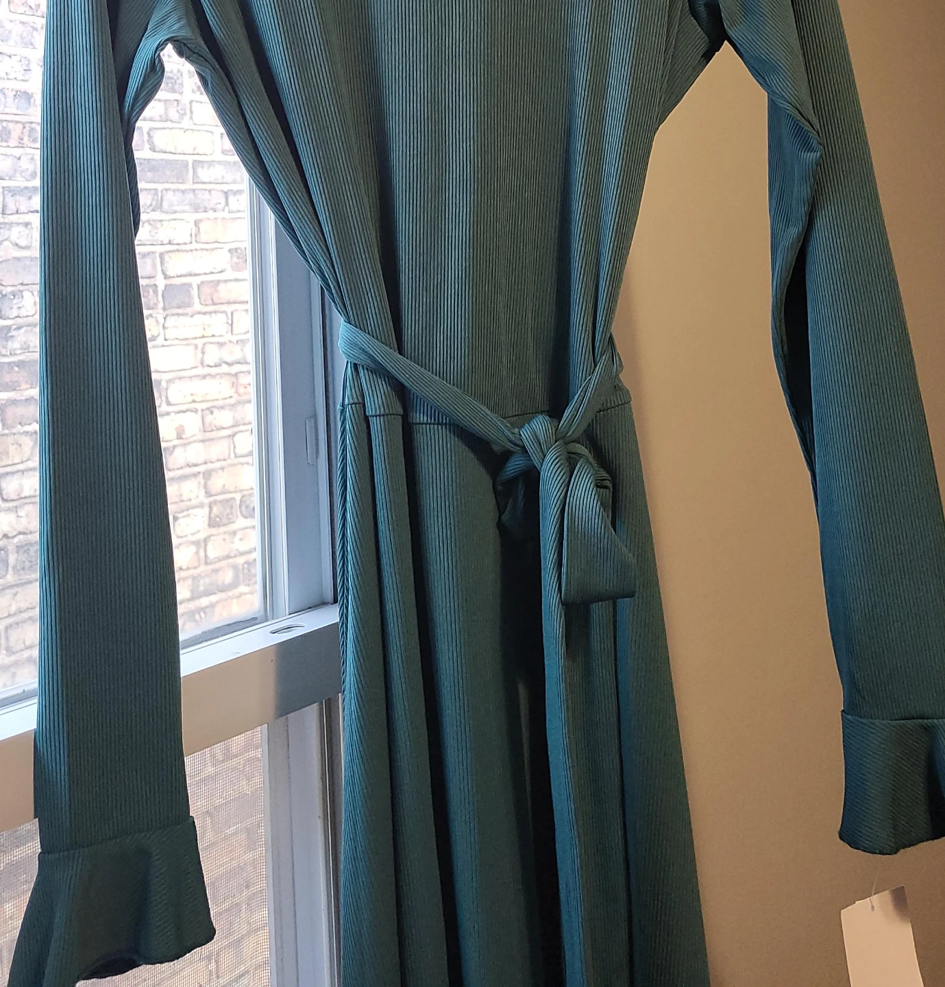 Green Ribbed Tie-Waist Dress