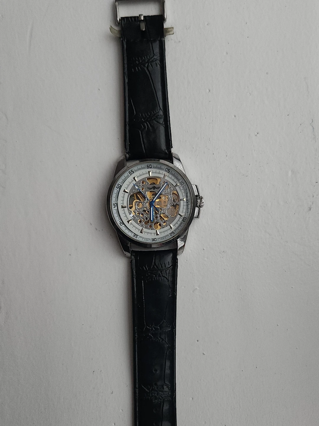 Automatic Skeleton Watch with Black Leather Band