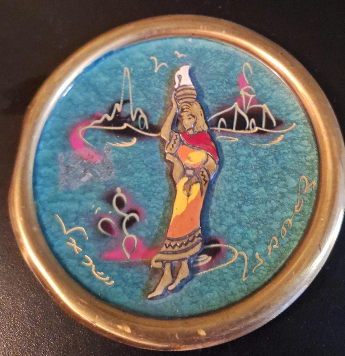 Enamel Art Plaque with Woman Carrying Water Pot