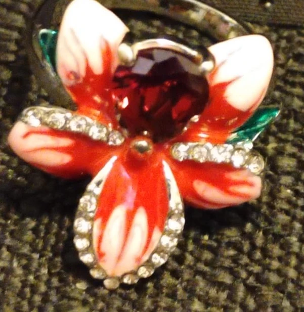 Flower Ring with Red Gem and Crystals