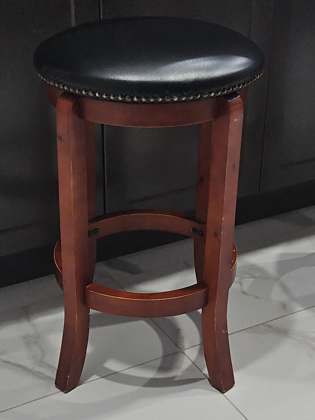 Wooden Bar Stool with Black Faux Leather Seat