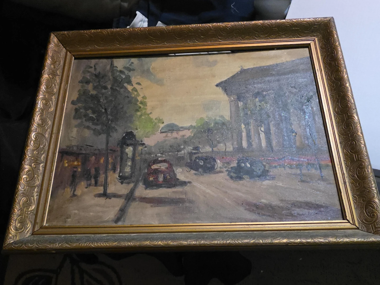 Framed Oil Painting of City Street Scene with Cars and Buildings