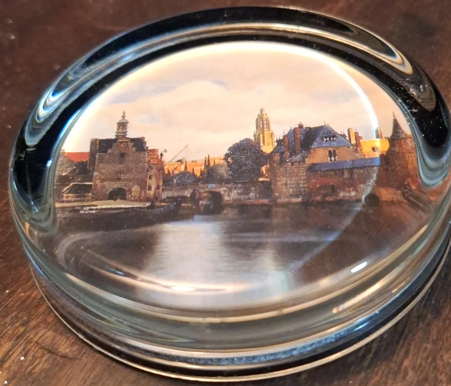 Vintage Glass Paperweight with Cityscape