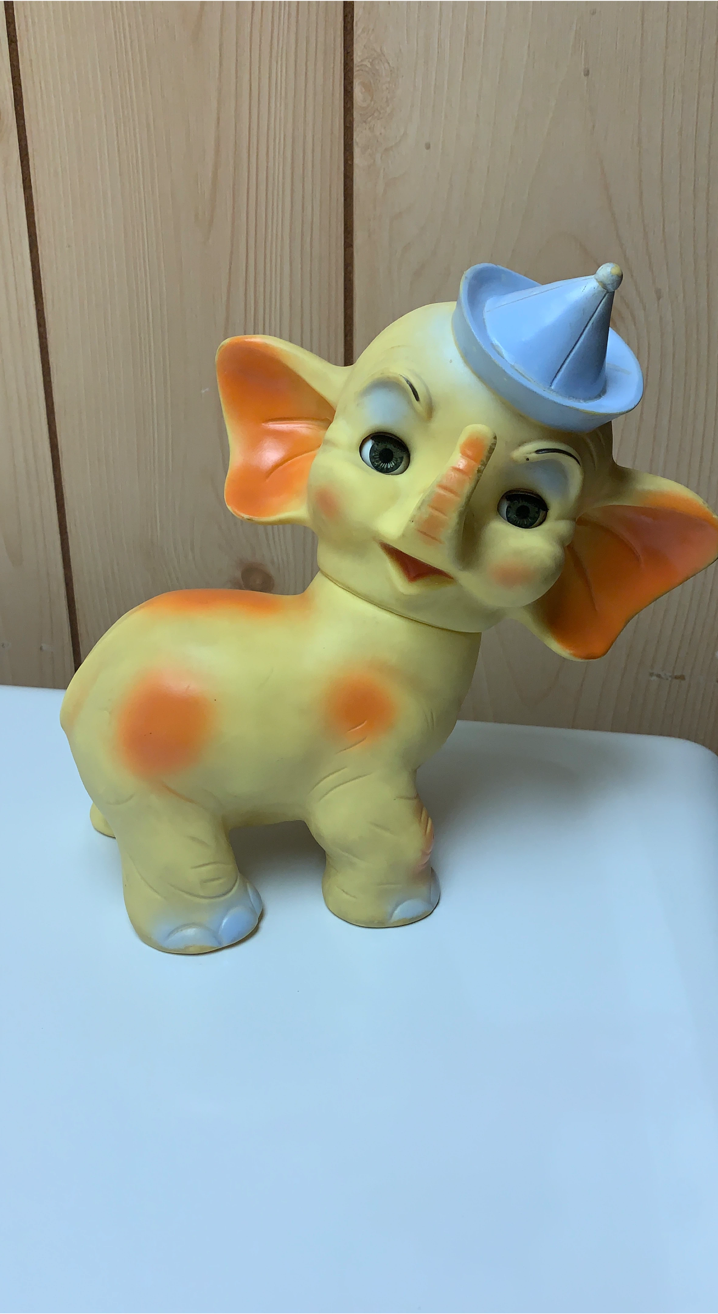 Vintage Yellow Rubber Elephant Toy with Blue Hat