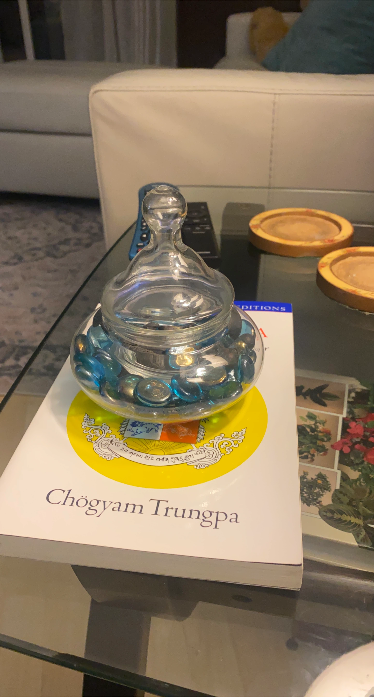 Glass Candy Dish with Lid & Blue Stones