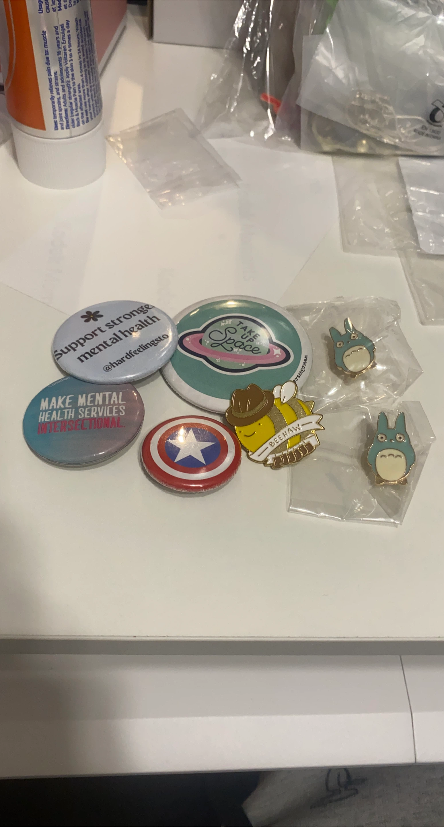 Assorted Pins: Support Mental Health, Totoro, Beehaw