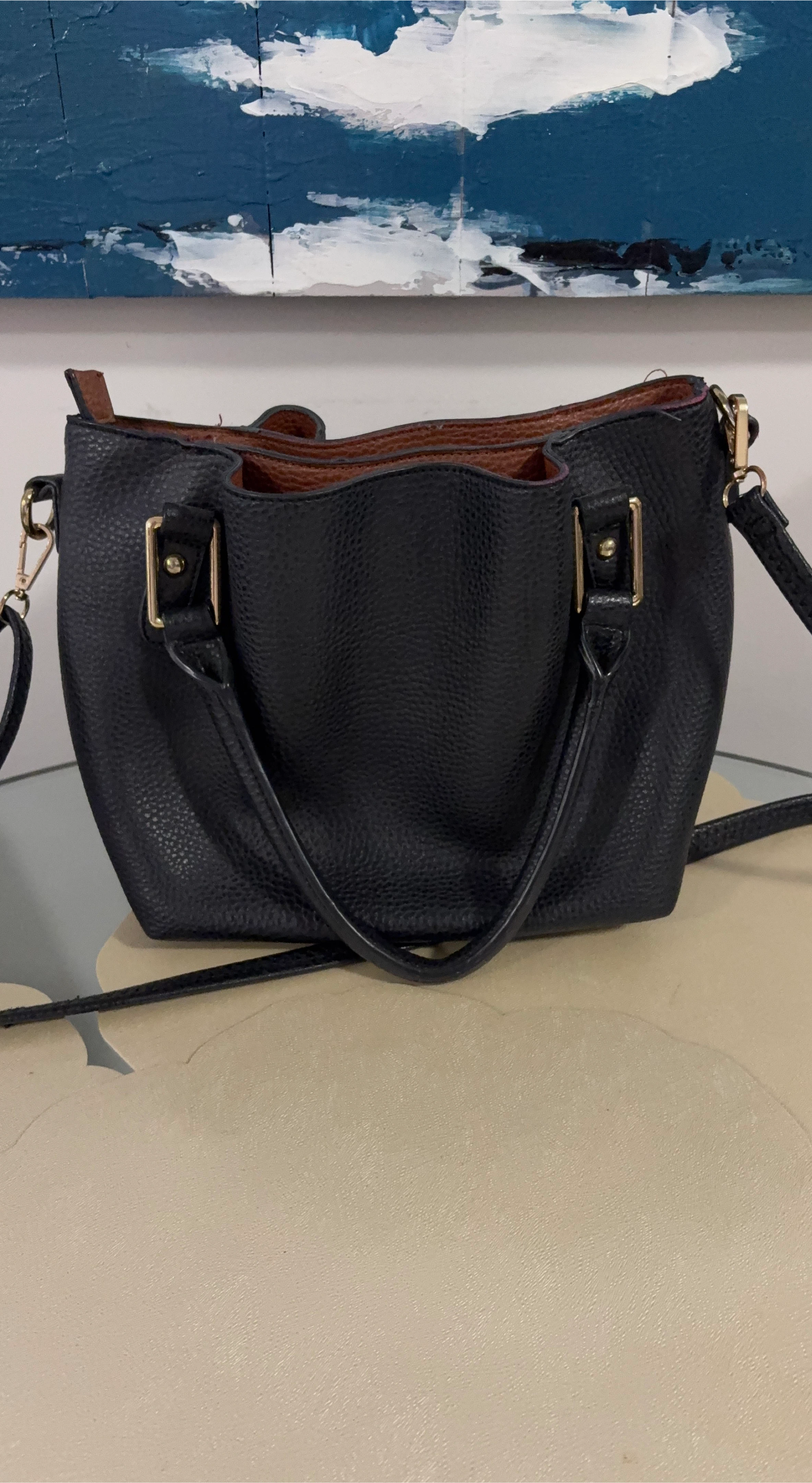 Black Faux Leather Satchel Handbag