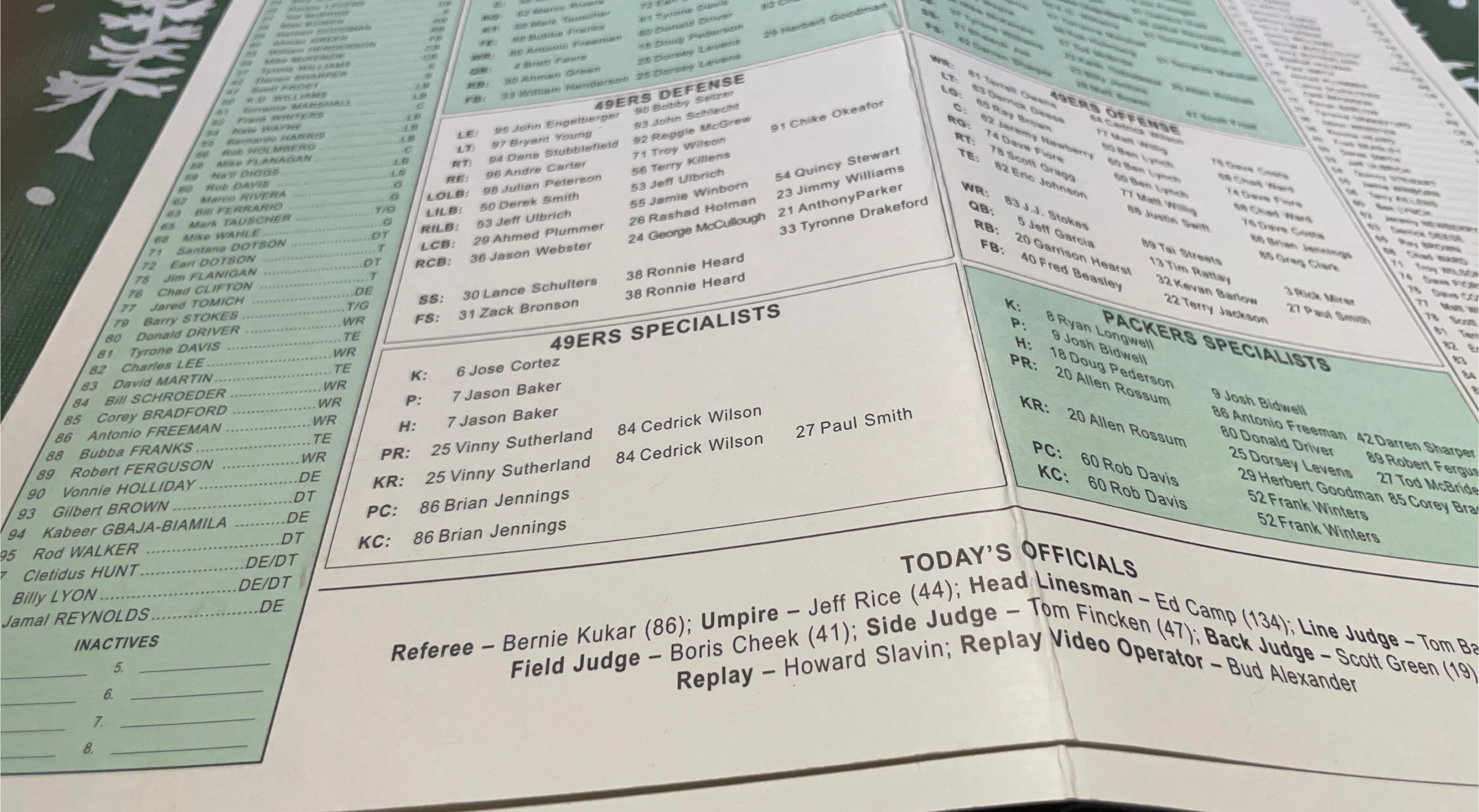 49ers and Packers Football Roster & Officials