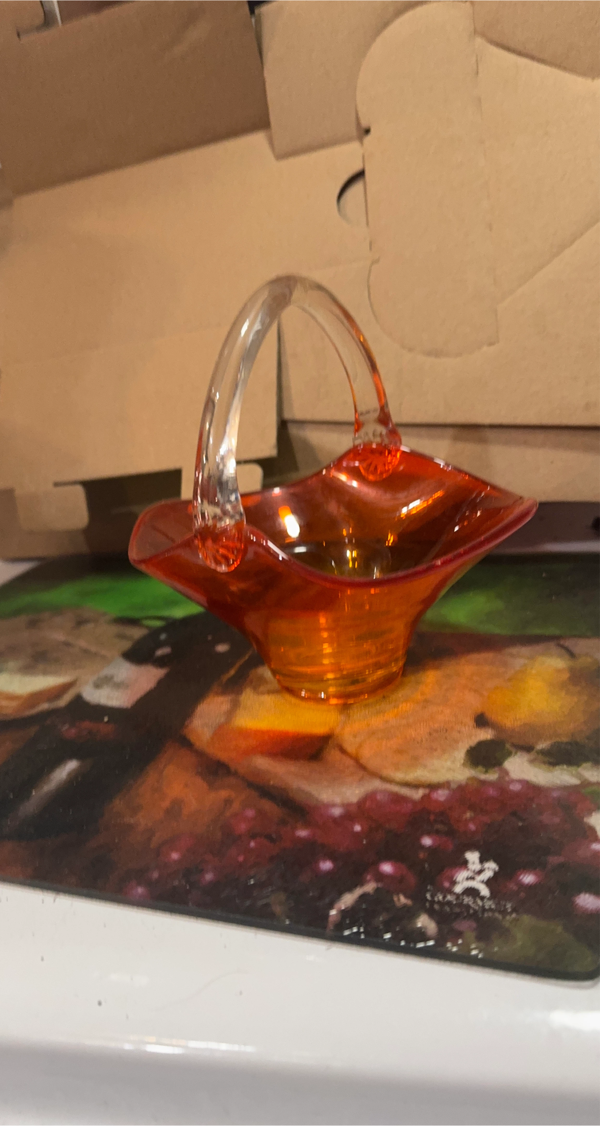 Orange Glass Basket with Handle