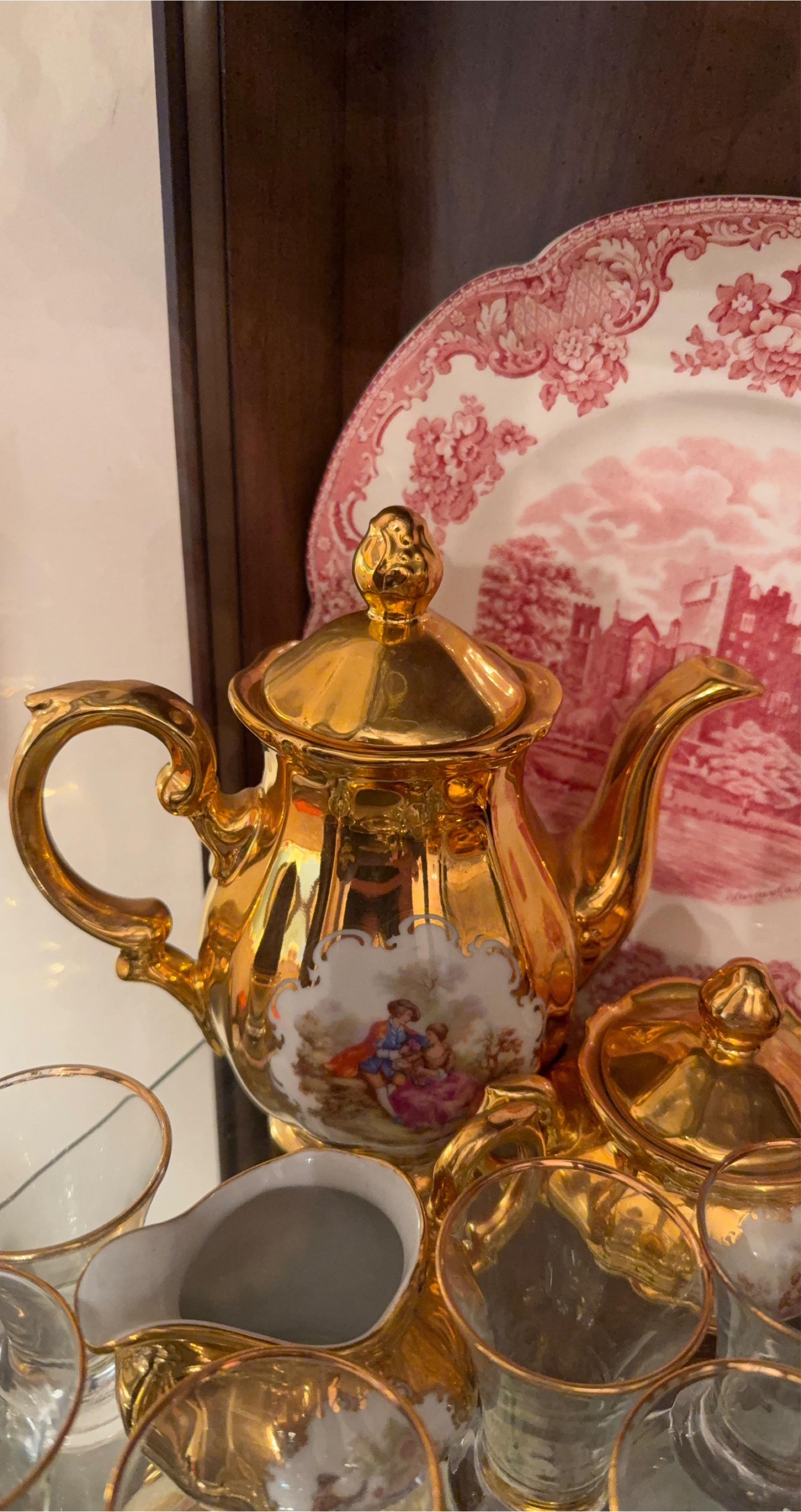 Vintage Gold Teapot with Scenic Design