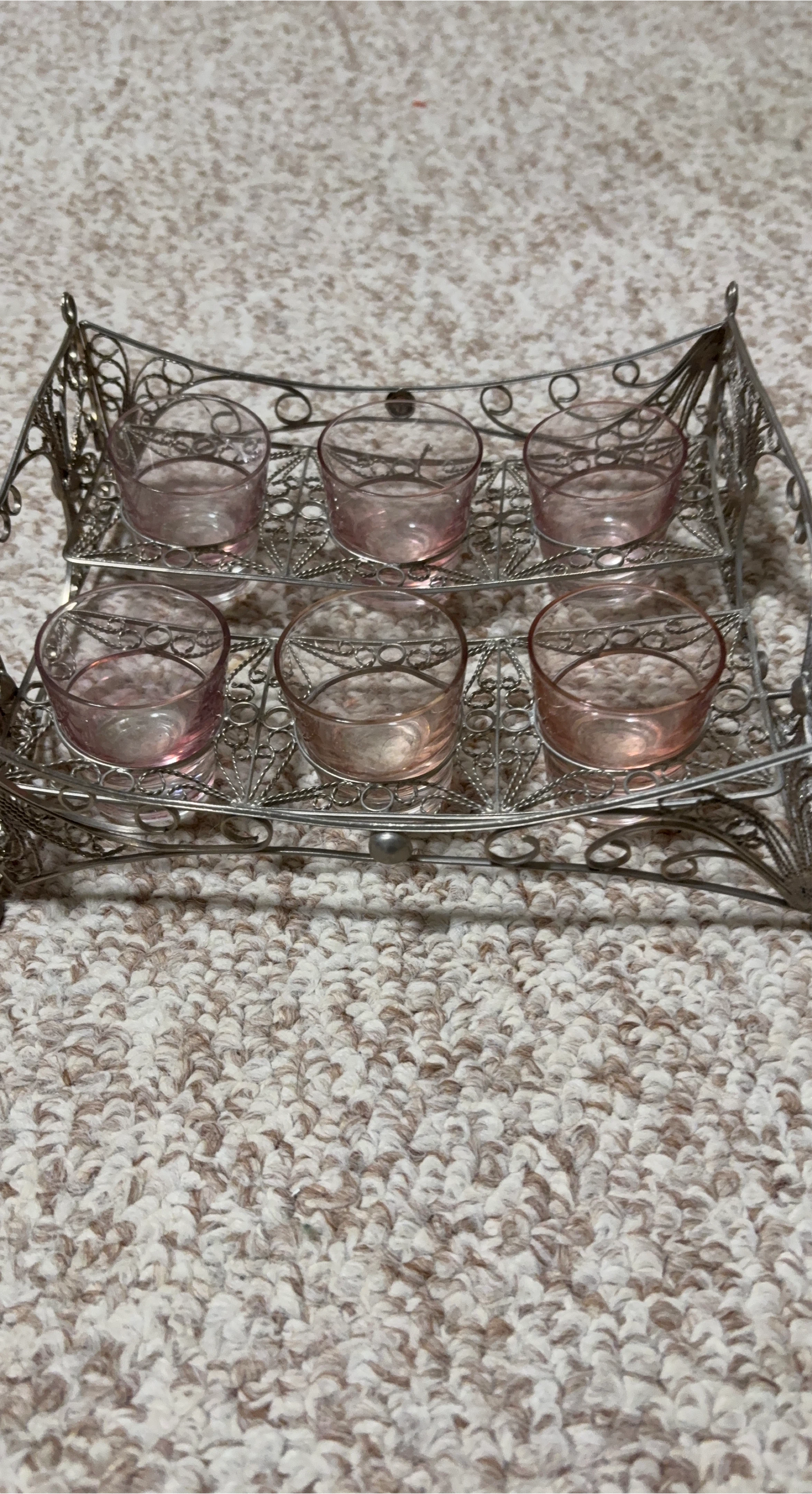 Set of 6 Pink Glass Shot Glasses with Silver Tone Metal Holder