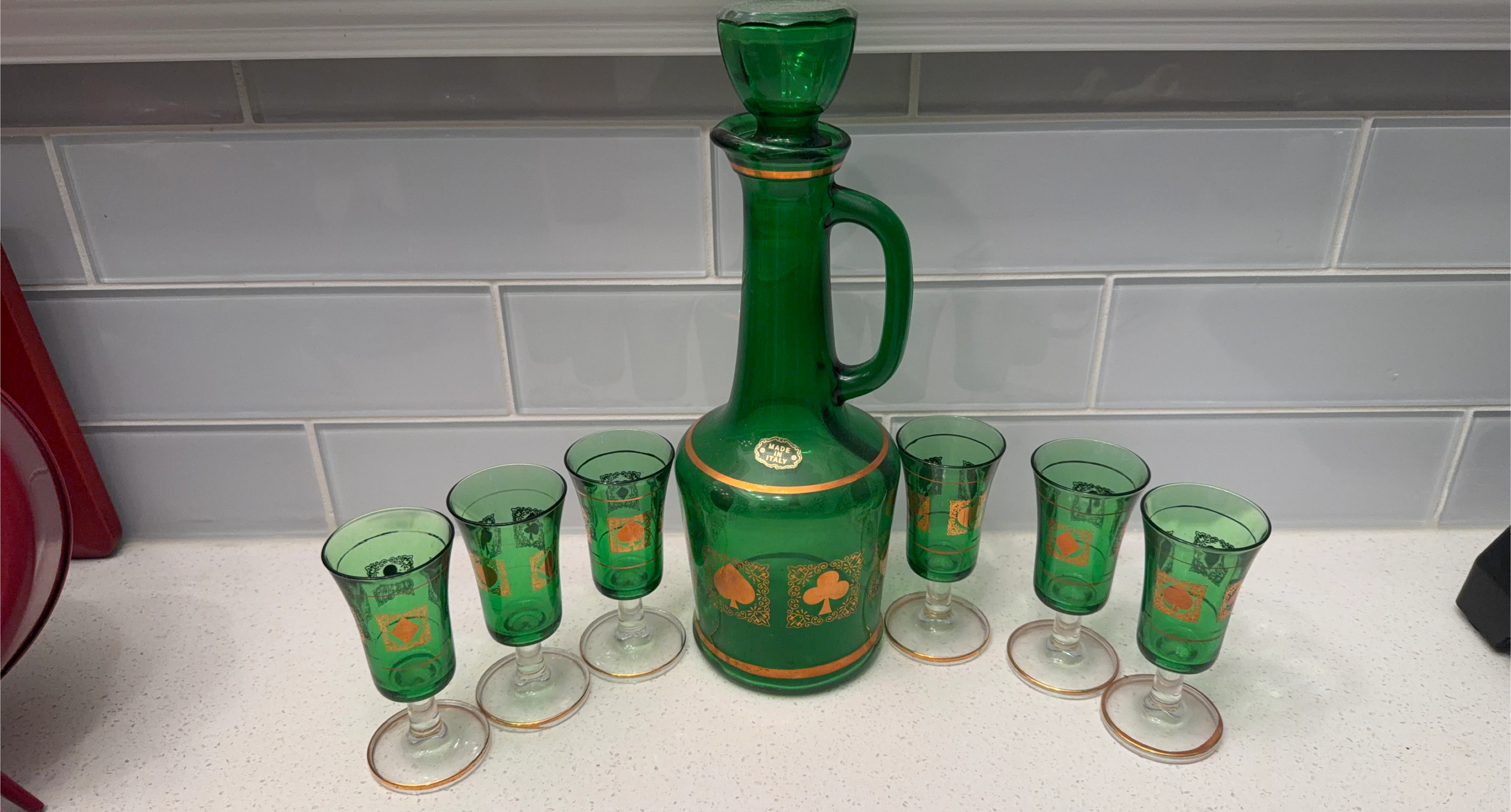 Vintage Green Glass Decanter Set - Made in Italy