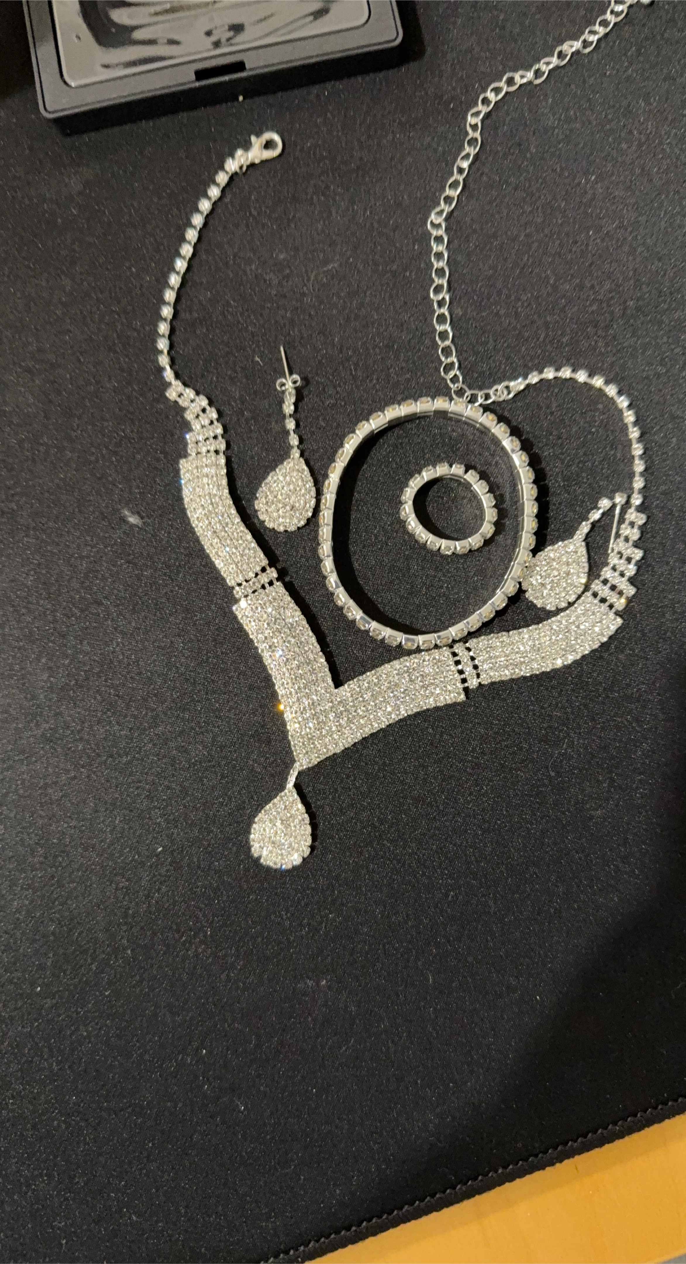 Silver Rhinestone Jewellery Set - Necklace, Ring, Earrings