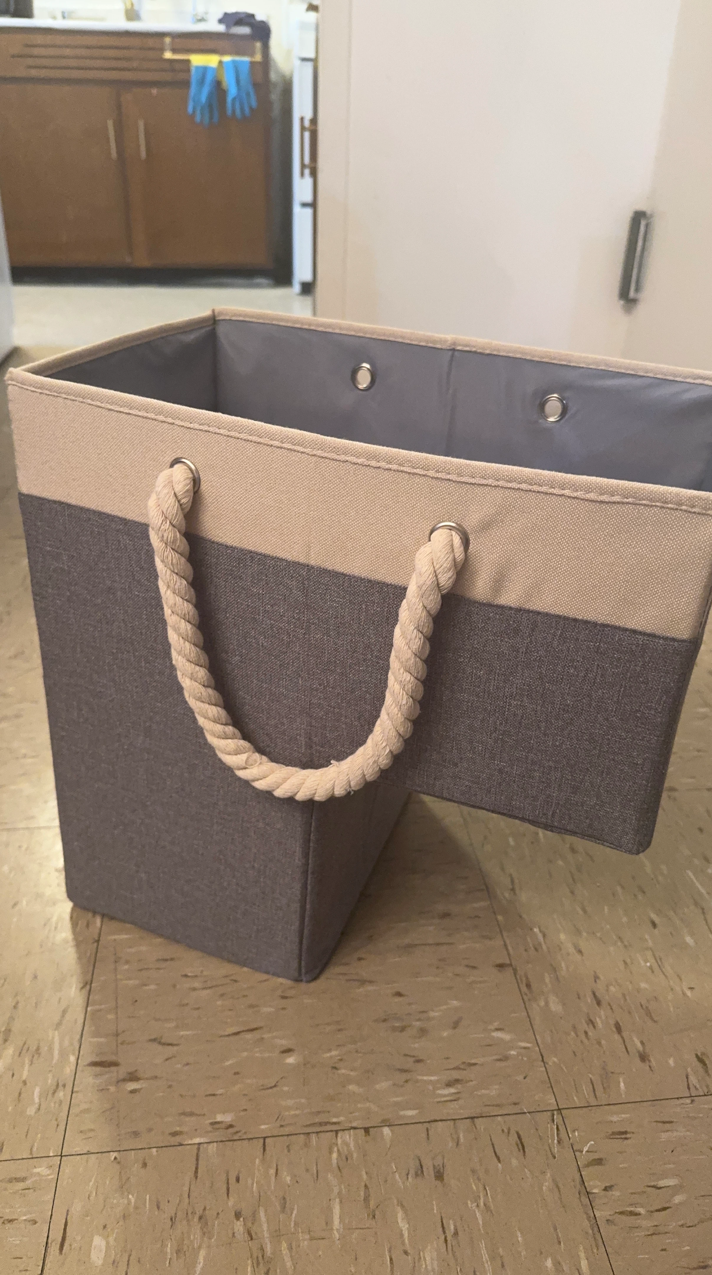 Gray Fabric Storage Bin with Rope Handles