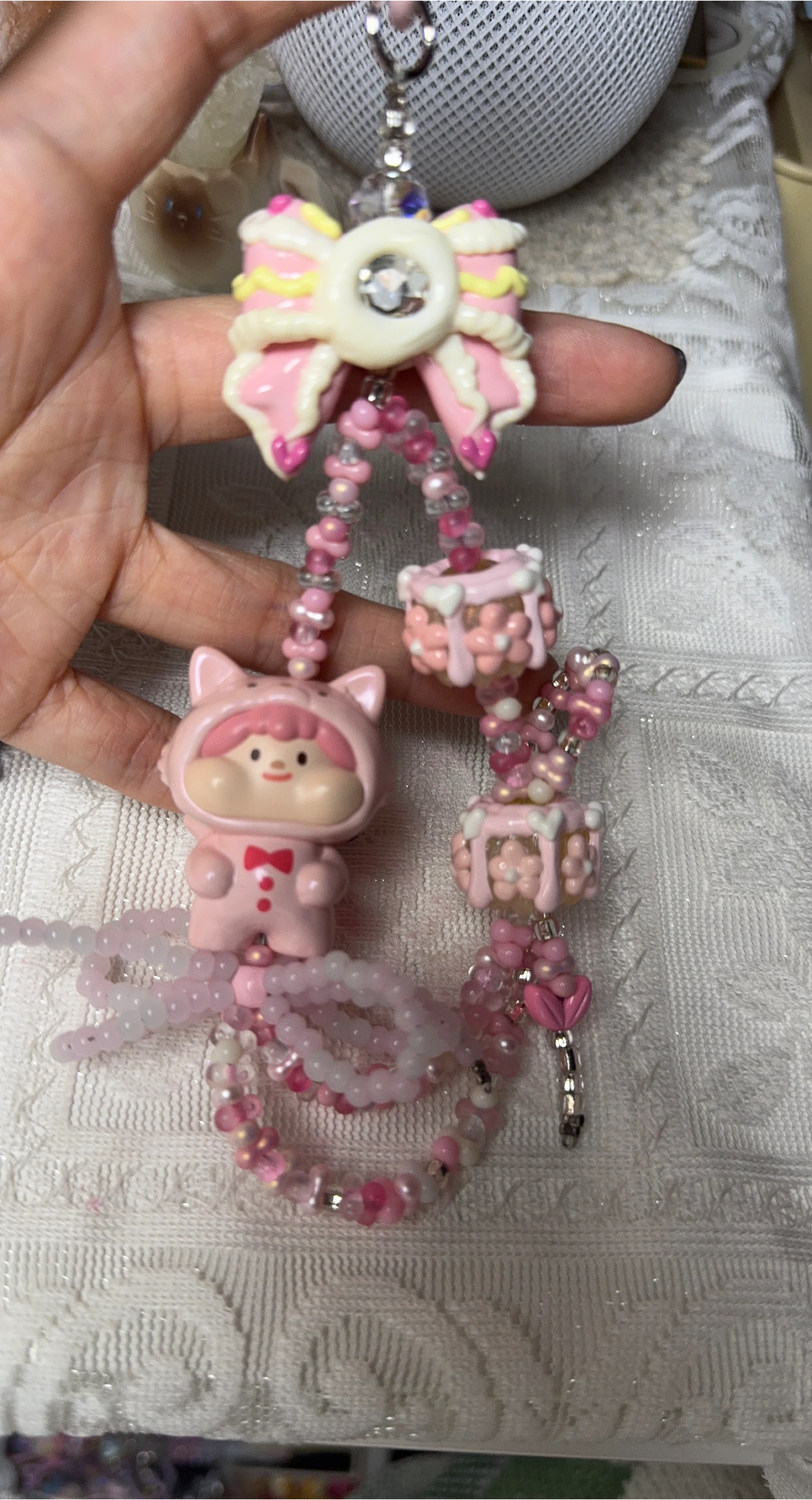 Pink Kawaii Beaded Keychain