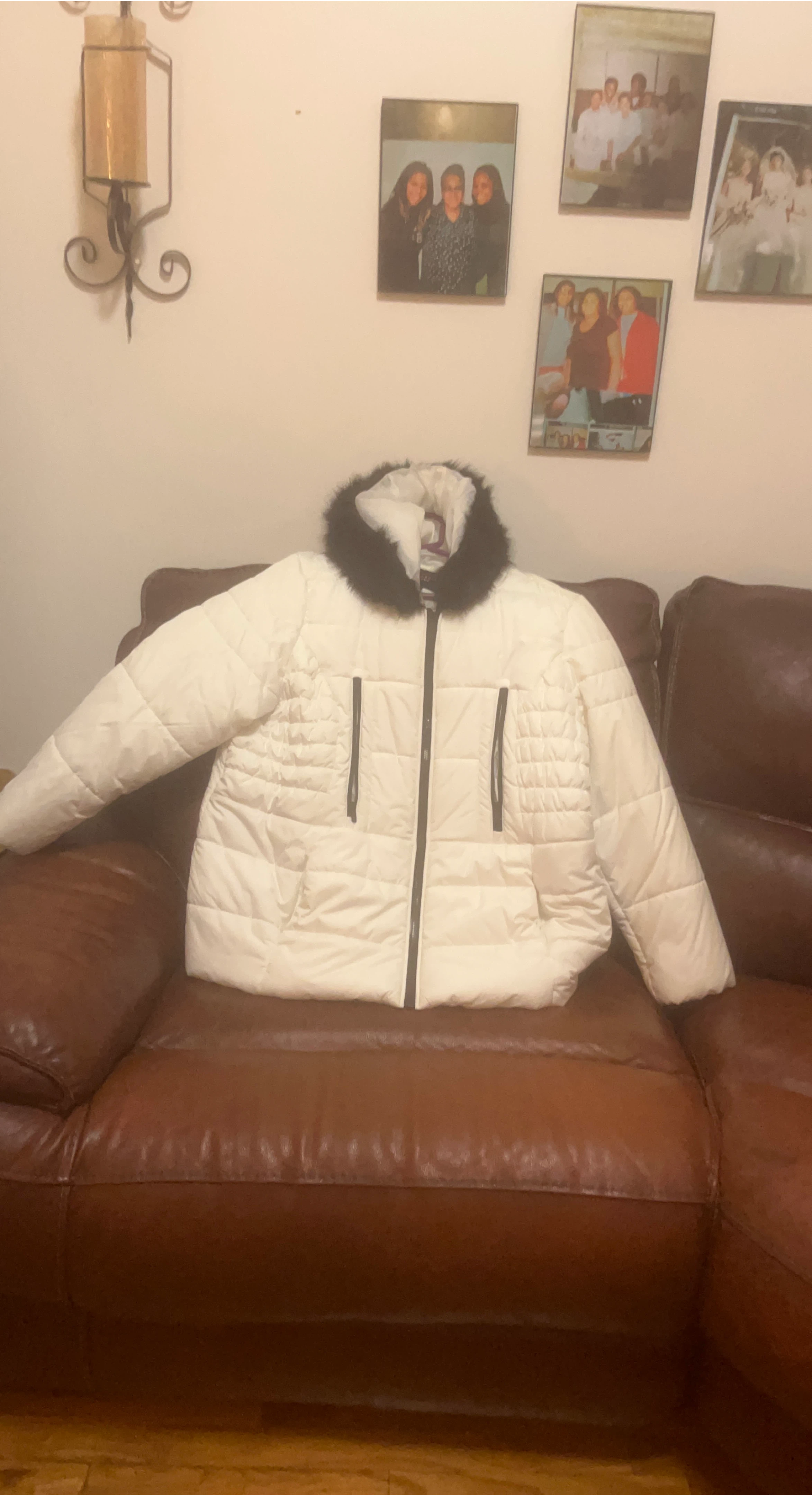 Cream Puffer Jacket with Faux Fur Hood